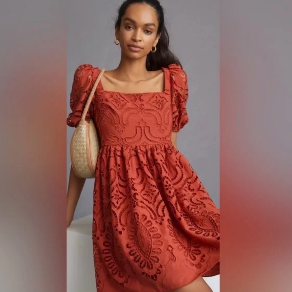 Shoshanna Rust Mini Dress with Puff Sleeves